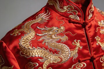 Detailed gold and silver dragon embroidery on a luxurious red satin chinese traditional jacket with frog closure for cultural and festive concepts.