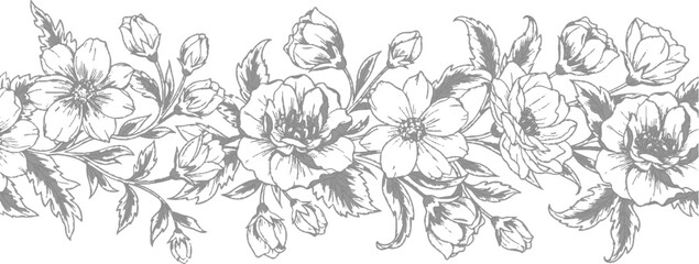  floral vector illustration featuring a seamless pattern of grass and flower vintage silhouettes with summer garden blossoms and spring branches isolated on white