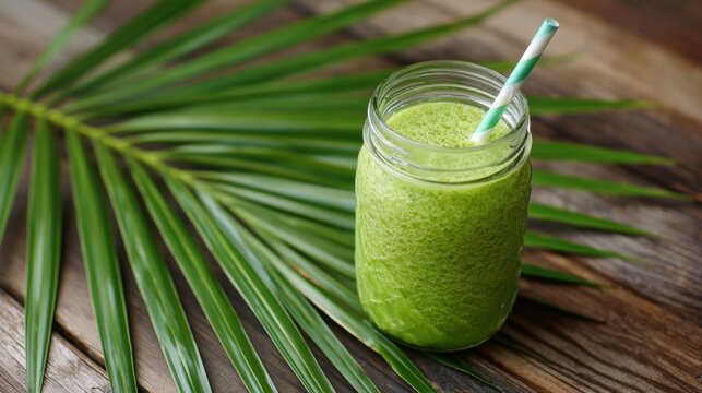 A refreshing green smoothie is placed in a jar with a striped straw. The drink is surrounded by a palm leaf on a rustic wooden surface, creating a tropical vibe. - Powered by Adobe