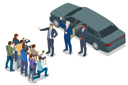 VIP with bodyguards near limousine. Isometric VIP arrival scene with limousine, bodyguards, and press photographers. Security escort and celebrity protection concept for politics, business, media, and