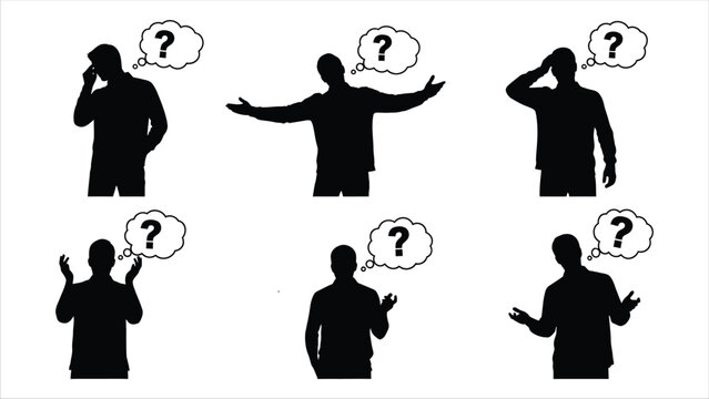 silhouette figures depicting communication questioning and gesturing with speech bubbles and questioning marks