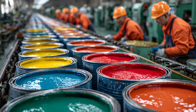 Factory workers in orange helmets, blue shirts process colorful paint cans under bright industrial lights. Paint production line with various colors in metal containers. Manufacturing workflow with