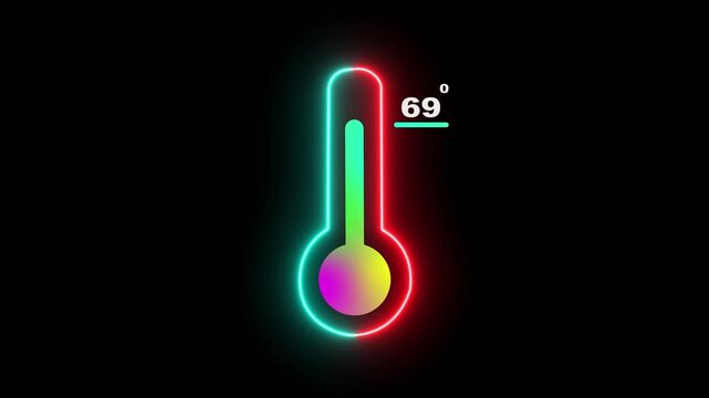 Neon Medical thermometer icon animation. Thats indicates weather temperature 69 degree increase or decline. Thermometer equipment showing hot or cold weather. 4k video alpha channel animation.