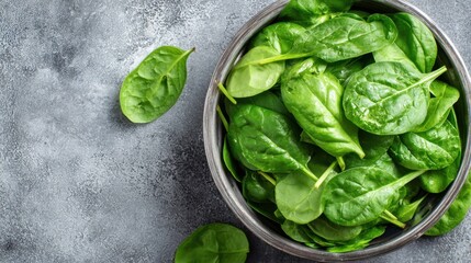 Obraz premium A wooden bowl filled with fresh spinach leaves sits on a textured gray surface. The vibrant green leaves look healthy and appetizing, perfect for salads or cooking.