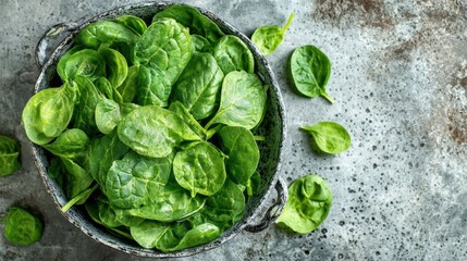 Obraz premium Bunches of vibrant green spinach leaves rest in a rustic bowl on a textured, gray surface. The scene suggests freshness, health, and preparation for cooking a nutritious dish.