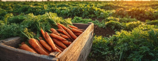 The Carrots in a Wooden Crate at Sunset on an Organic Farm Field