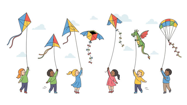 Children Flying Colorful Kites in Air.