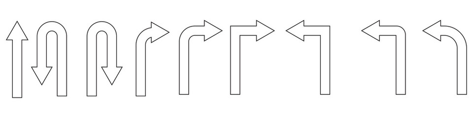 U turn arrow symbol icon set. Direction Icon Set. Go Straight This Way One Way Only U Turn Left and Right Black and White Arrow vector illustration.