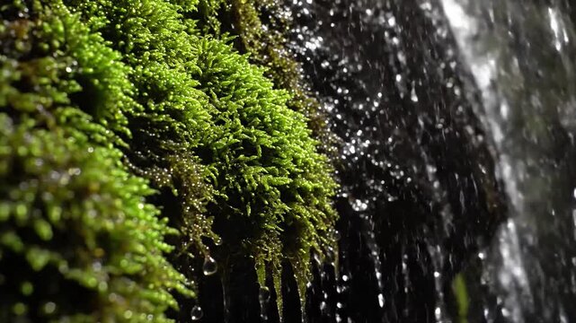 Waterfall mist creating sparkle on mossy rock Shot from slightly further back, emphasizing the interaction of mist and moss.
