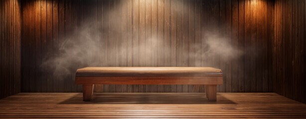 The Wooden Sauna Bench Centered in a Steamy Rustic Spa Room with Soft Lighting