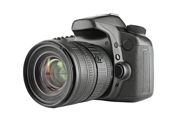 Fototapeta premium A black, glossy DSLR camera angled slightly to the side, lens facing forward