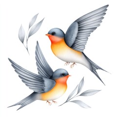 Obraz premium Illustration of two vibrant swallows in flight with delicate leaves on white background