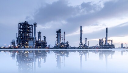Fototapeta premium Oil refinery and industrial complex at dusk with reflections in calm water
