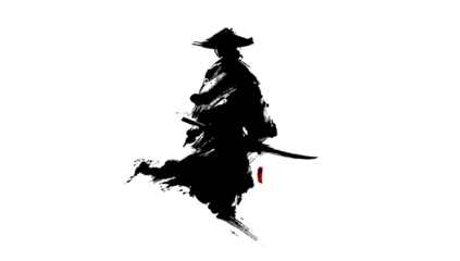 Black silhouette, a person wearing a hat, with flowing robes and a red marking