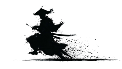 A silhouetted warrior, katana drawn, amid swirling water and abstract splashes