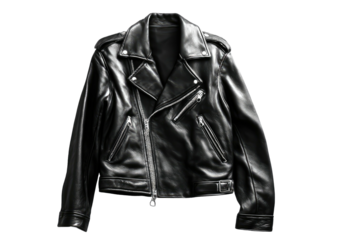 A black, glossy leather jacket, featuring an asymmetrical zip, lapel, and multiple pockets