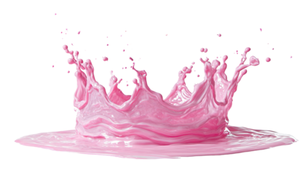 An abstract close-up of a vibrant red and pink liquid splash with transparent aqua drops and paint bubbles isolated on a white background