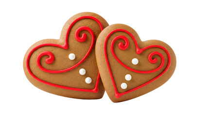 Two heart-shaped gingerbread cookies with red icing and white dots on a white background