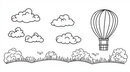 A colorful hot air balloon cartoon floating through fluffy clouds above a vibrant green grassy field