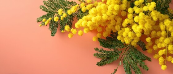 The Mimosa Bouquet Against Pastel Pink Background Evoking Spring and Celebration