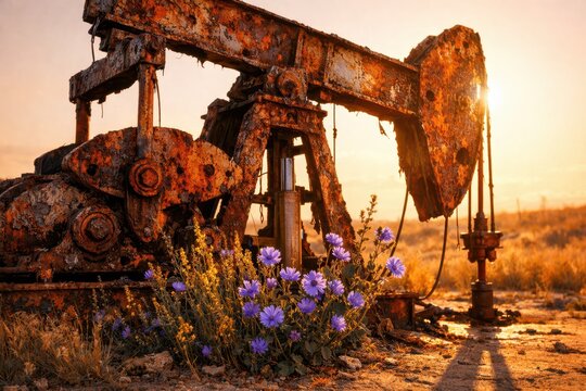 Abandoned Oil Pumpjack Rusting In Desert Landscape At Sunset. Old corroded pumpjack stands among dry soil and wildflowers at sunset, symbolizing resource extraction, industrial decline.