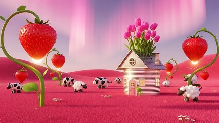 Whimsical farmhouse with vibrant pink tulips and giant strawberries