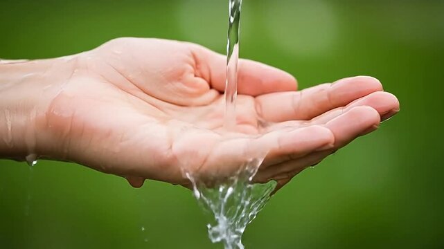 Clean Water Flowing Into Human Hands ina  Natural Green Environment