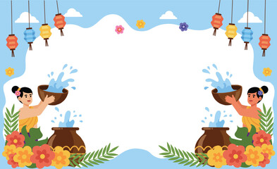 Fototapeta premium Songkran water festival celebration in Thailand with illustration