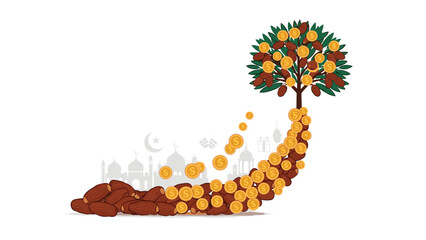 Obraz premium Money tree with coins flowing into a pile of dates and mosque silhouettes, Generative AI.
