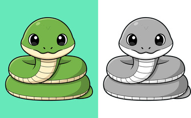 cartoon snake icon set green and black and white.