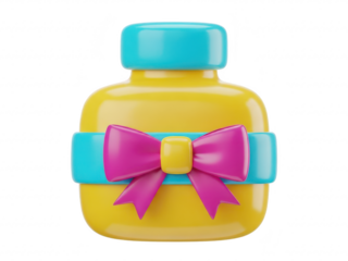 Yellow jar with pink bow and blue ribbon isolated on transparent background