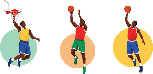Basketball, player, set, illustration, vector, dunk, jump, shot, action, sports, athletic, competition, isolated, white, background, team, game, slam, dunking, hoop, active, training © Sagar Creative
