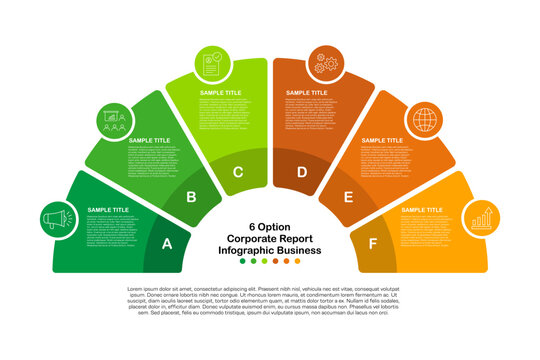infographic 6 steps or list diagram, half circle infographic element vector, layout element template for presentation, banner, report, annual, website. vector editable