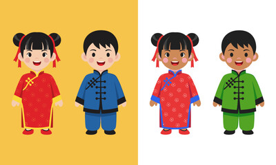children in traditional Chinese clothing diverse kids in cheongsam.