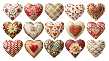 Collection of decorative hearts with various patterns and