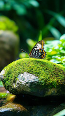 Colorful tropical butterfly with intricate wing patterns perched on a moss covered stone, showcasing the beauty of rainforest biodiversity