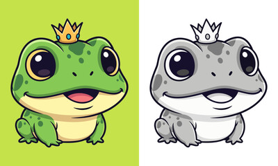 cartoon frog with crown on green and white background.