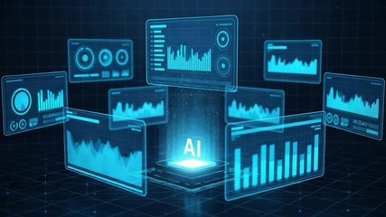 A futuristic representation of AI data analysis. Digital display with the AI icon symbolizes a hub of intelligent processing and pattern recognition. - Powered by Adobe