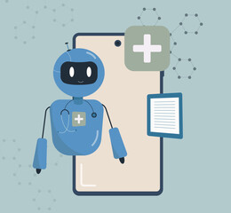 Cute Blue AI Robot Doctor Illustration &ndash; Healthcare Futuristic Medical Assistant, Stethoscope Smartphone, Digital Health Care Vector