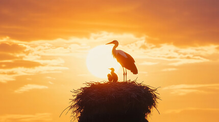 A stork and its chick silhouetted against a golden sunset, standing on a nest