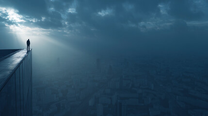 A man stands on a ledge overlooking a city