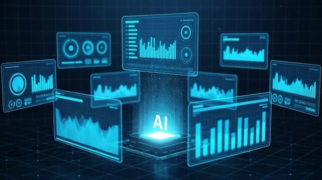 A futuristic representation of AI data analysis. Digital display with the AI icon symbolizes a hub of intelligent processing and pattern recognition.