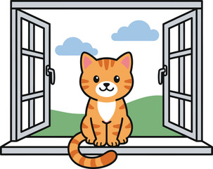 Cute Orange Kitten on Window Sill &ndash; Cozy Flat Vector