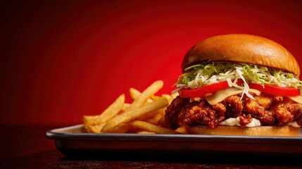 Crispy fried chicken sandwich with lettuce, tomato, cheese and fries on tray over red background