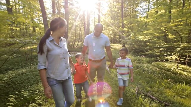 cinematic video family of four walking sunlit forest trail, parents holding children&rsquo;s hands, laughing talking. Children picking wildflowers, parents sharing smiles, light flares filtering tree leaves
