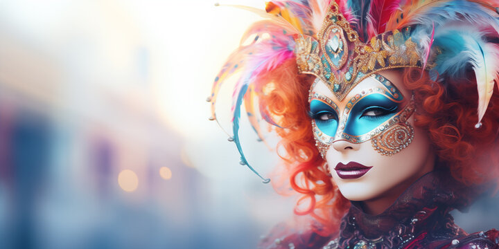 Person with Venice carnival mask multicolored with blurred background