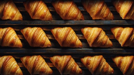 Rows of golden, flaky croissants lined up on baking trays straight from the oven, showcasing texture, crisp layers, and artisan baking.