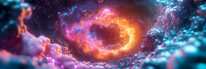 Cosmic nebula with vibrant orange and blue energy swirling, creating a mesmerizing, otherworldly scene