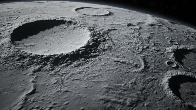 Detailed view of the Moons cratered surface from orbit.