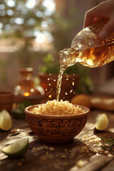 A hand pours amber liquid from a bottle onto fragrant bath salts in a rustic bowl, creating a spa-like atmosphere